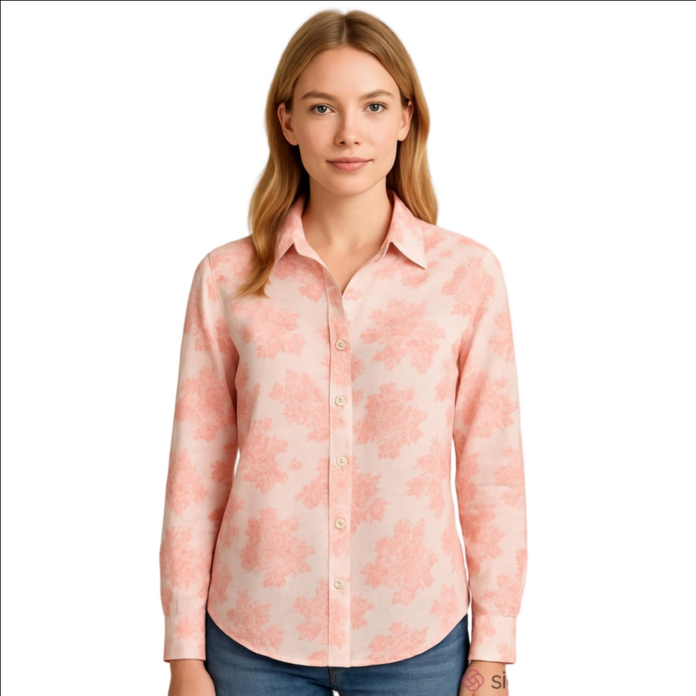 Shabby Chic 100% Linen Floral Rose Button Up Shirt Pink White Rolled Sleeves